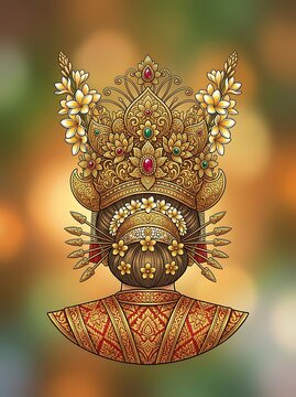 Ornate traditional indonesian bridal headdress with golden crown