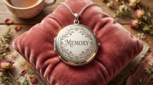 Vintage locket necklace with the word 'Memory' engraved, resting on a velvet pillow with dried flowers and tea.