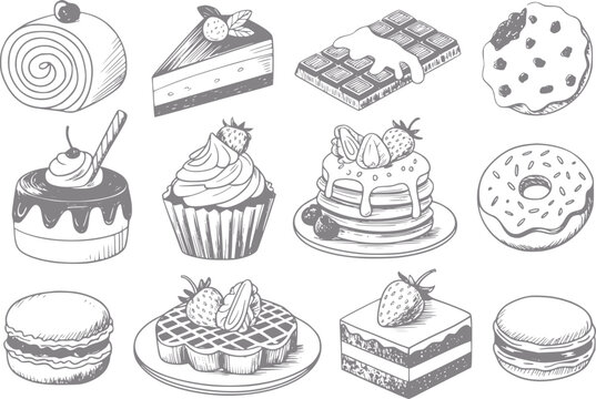 Colecci&oacute;n dibujada a mano de varios postres deliciosos, pasteles, reposter&iacute;a y dulces sobre fondo blanco