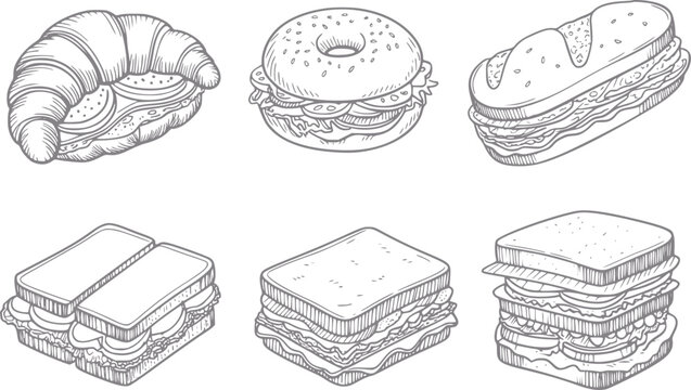 Colecci&oacute;n dibujada a mano de varios s&aacute;ndwiches, bagels y croissants para men&uacute; de panader&iacute;a o cafeter&iacute;a