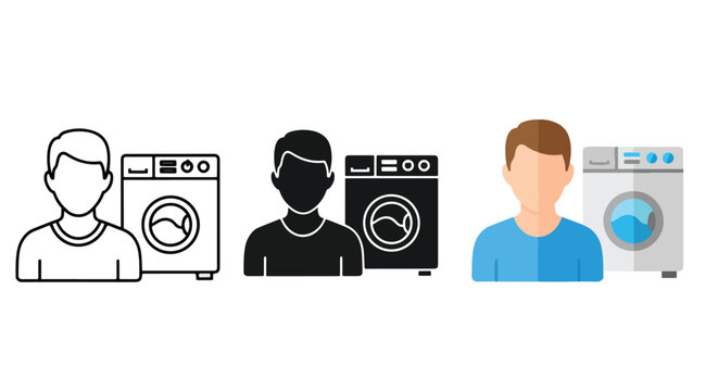 Man with washing machine vector icon set - Clipart, Glyph and solid icon set, Flat Design Icon, line icon set, Flat Vector icon, icon, Editable stroke icon