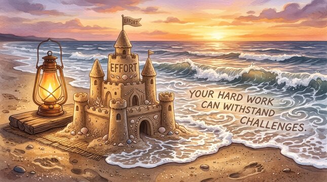 Sandcastle Effort withstands Ocean Waves at Sunset Beach, symbolizing resilience and hard work overcoming challenges.