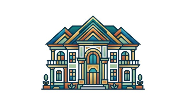 Architectural vector art of elegant estate with symmetrical balcony and classic columns design.