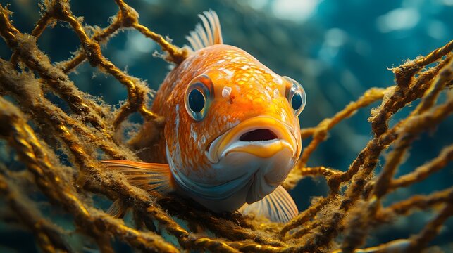 Close-up of orange fish trapped in fishing net underwater showing struggle for survival with detailed eyes and textured mesh against aquatic background, elegantly showcasing caught.