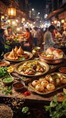 Fototapeta premium An exquisite Indian culinary feast presented on a beautifully adorned table, showcasing traditional dishes amidst a lively night market scene