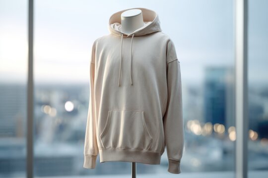 Neutral beige oversized hoodie on mannequin with cityscape view mockup for apparel branding