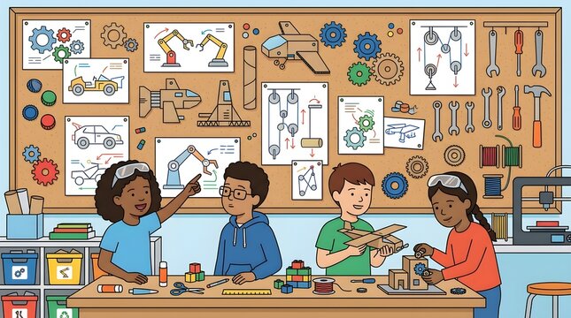 Children work together in a makerspace discussing engineering concepts, designing prototypes, and building creative mechanical models surrounded by gears, tools, and technical diagrams in a STEM class