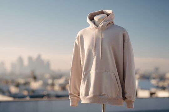 Neutral beige oversized hoodie on mannequin with urban skyline background fashion apparel product shot