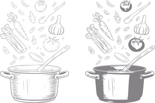 Dibujo a mano de ollas de cocina con verduras frescas y hierbas cayendo en la sopa para la preparaci&oacute;n de la comida