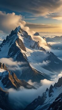 Majestic Snow-Capped Mountain Range Above the Clouds Generative AI