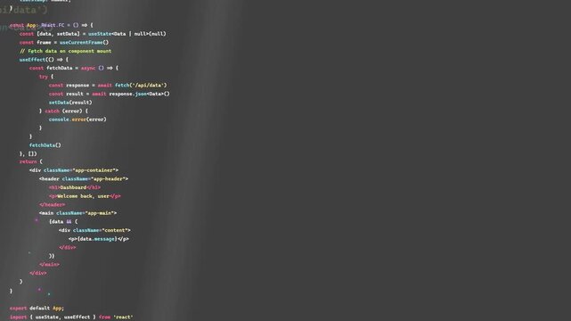 Scrolling Computer Screen Showing Complex Javascript React Code for Software Application Development