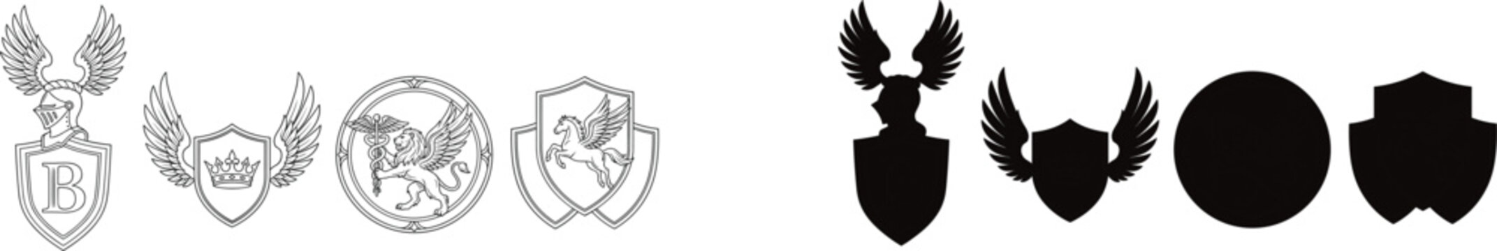 Collection of heraldic royal emblems with winged shields, knight helmets, crowns, lions, and pegasus creatures