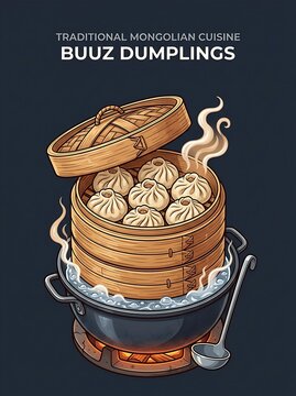 Steaming hot mongolian buuz dumplings in a traditional bamboo steamer
