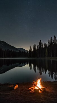 Campfire by a Calm Lake under a Starry Night Sky Generative AI