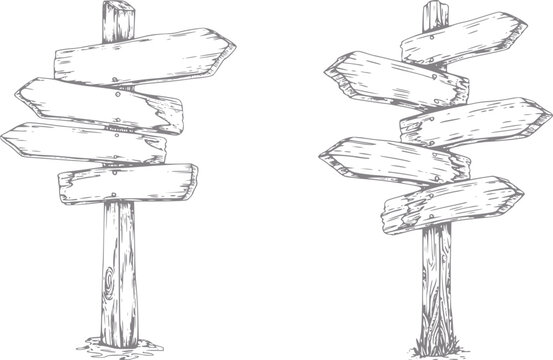 Dibujo a mano de dos postes de madera con m&uacute;ltiples flechas direccionales en blanco para navegaci&oacute;n y viajes
