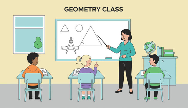 Female school teacher explaining geometry rules on a whiteboard to attentive children sitting at their desks in a classroom.