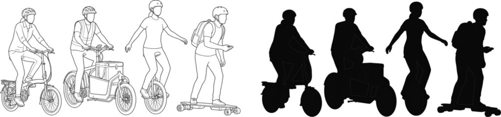 Collection of people using modern urban commuting and electric mobility vehicles in silhouette and outline style © MstLata