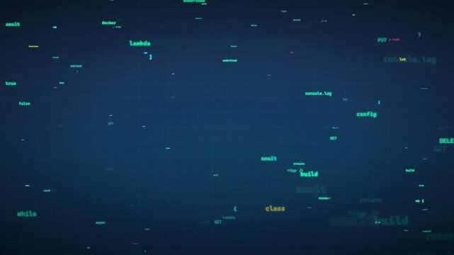 Abstract digital background with floating computer code and programming syntax on dark blue screen