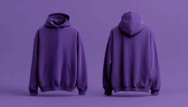 Purple hoodie mockup front and back view on solid color background for apparel presentation