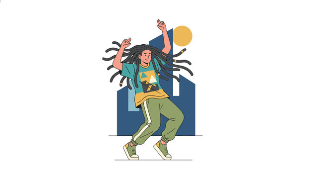 Young energetic man with long dreadlocks dancing happily in front of abstract modern city buildings.