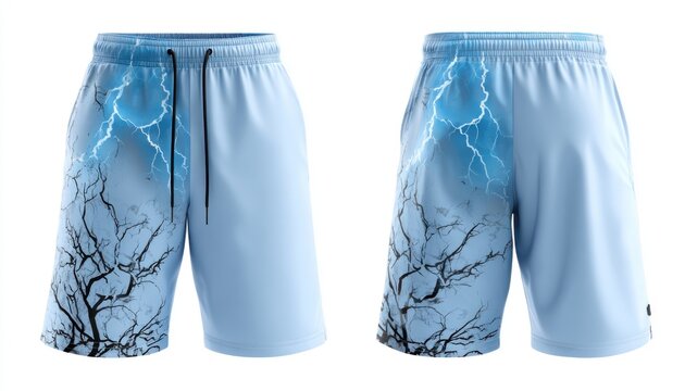 Men's lightning storm print athletic shorts sky blue with bare tree graphics