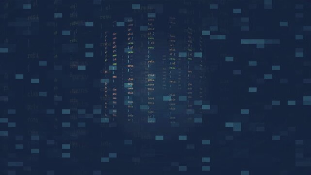 Abstract digital data stream with floating code fragments and binary particles on dark blue background