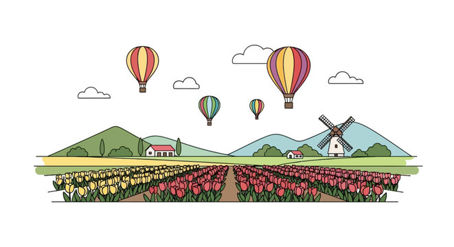 Colorful tulip field with hot air balloons and distant windmill