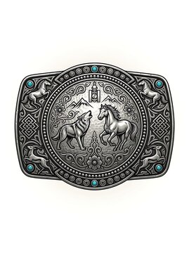 Ornate silver belt buckle with wolf and horse design