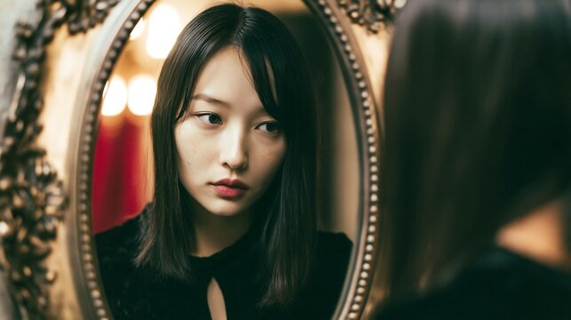 A young woman looks at her reflection in an ornate oval mirror with a thoughtful expression