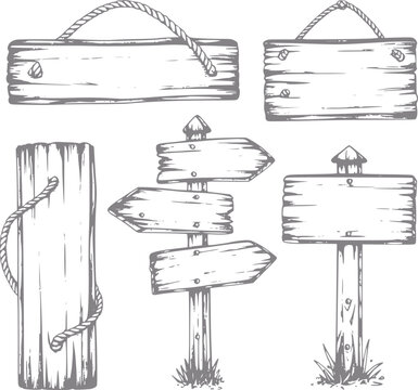 Set de letreros de madera y postes direccionales dibujados a mano con detalles de cuerda para proyectos r&uacute;sticos