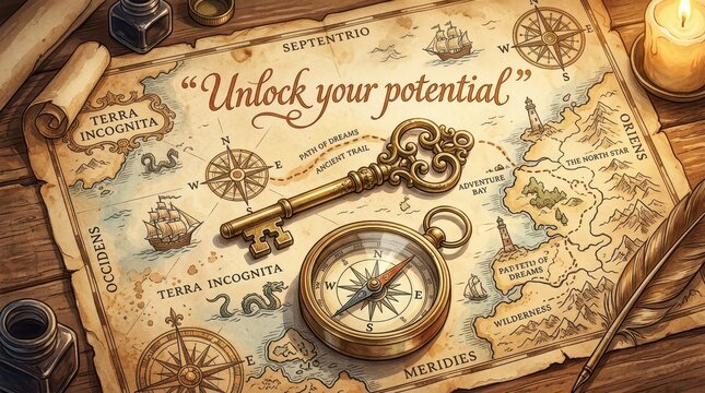 Antique map with compass, ornate key, and quill pen, symbolizing journey, discovery, and unlocking potential
