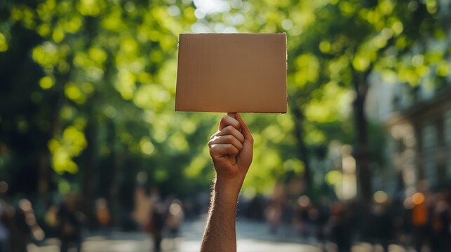Close-up of determined hand holding protest sign outdoors with blurred crowd background. Symbolizes activism, social movement, civic engagement and public demonstration. Natural daylight.