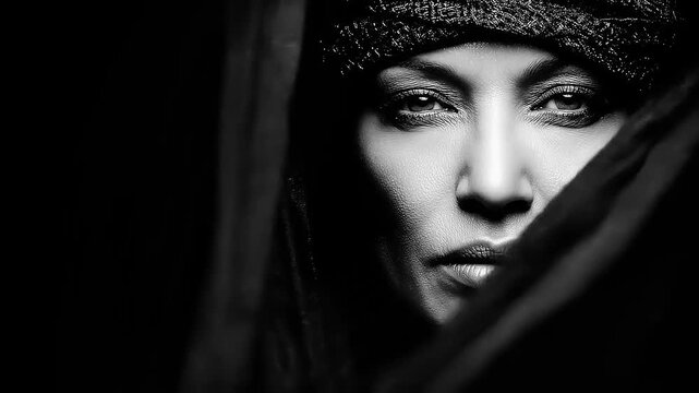 Monochrome veiled woman portrait evoking enigma and mystique, revealing compelling facial features and contrasting textures in a somber color scheme