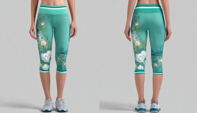 Women's floral capri leggings teal activewear mockup for fitness and yoga designs