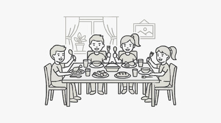 Obraz premium Dynamic Black and White Line Drawing of Family Enjoying Meal Together at Home Dinner Table with high quality professional line art symbols for modern creative design and digital branding projects