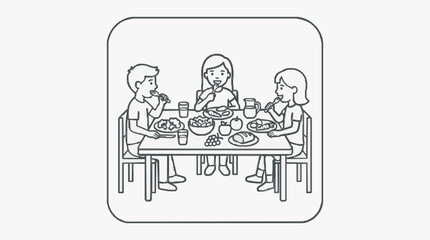 Obraz premium Dynamic Black and White Line Drawing of Family Sharing a Meal Together at a Table with high quality professional line art symbols for modern creative design and digital branding projects