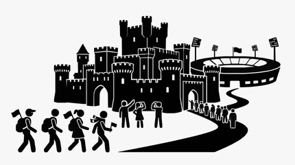 Medieval castle and stadium with people walking towards them. © Dalbo