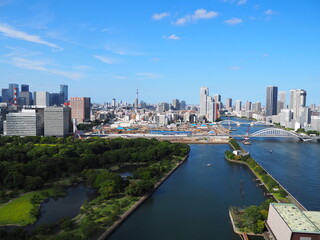 Naklejka premium Bird's eye view of Hama-rikyu Gardens, Sumida River and Tokyo Skytree on a clear day