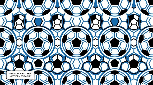 Abstract seamless pattern featuring stylized soccer ball geometric shapes in bold blue and black tones for modern athletic graphic design backgrounds