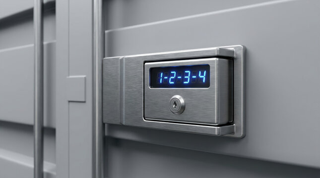 Digital lock on metal container door showing code 1 2 3 4 securing supply chain with modern technology and safety
