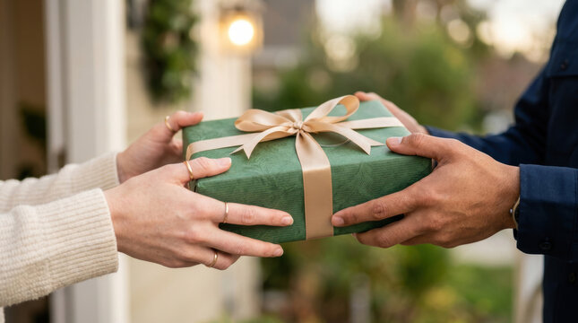 Gift present hands ribbon bow wrapping exchange celebration supply chain package green beige close up outdoor human fingers gesture giving