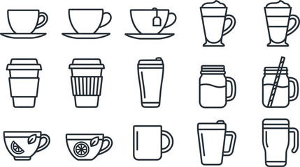 Obraz premium Minimalist coffee and tea cup line art icon set featuring hot mugs, takeaway paper cups, mason jars, and latte glasses for cafe menu designs