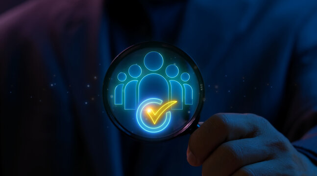 Shot of hand holding magnifying glass to inspect glowing user group avatar with checked mark icon. Dark abstract neon lighting background, human resources recruitment and verified team audit concept.