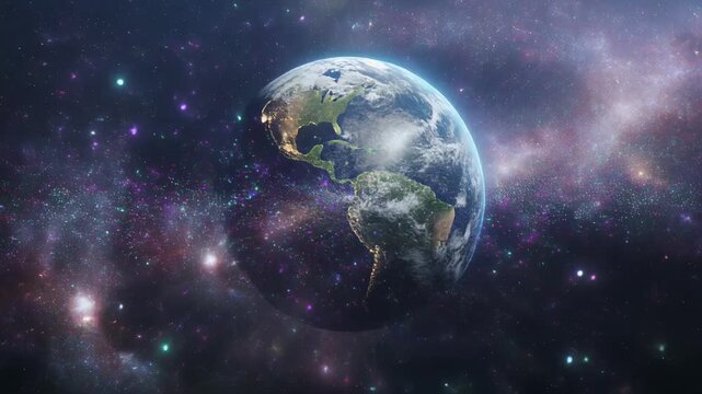 Earth rotating in deep space with cosmic nebula background