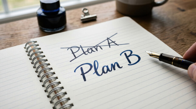 Plan B written in notebook with fountain pen near ink bottle and clip on wooden table showing supply chain concept