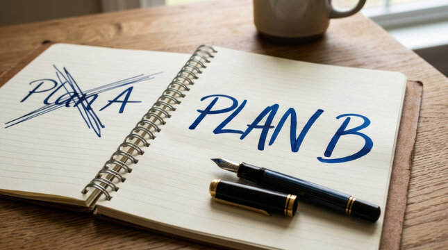 Plan B written in notebook with pen and coffee cup on wooden table showing supply chain concept of alternative strategy