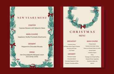 Fototapeta na wymiar Christmas and New Year dinner invitation and menu template card set. design for drink menu, promotion, beverages, ads.