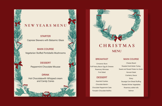Christmas and New Year dinner invitation and menu template card set.  design for drink menu, promotion, beverages, ads.