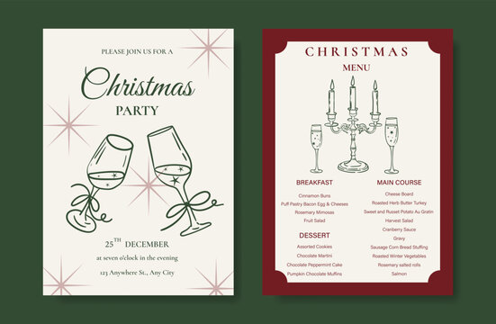 Christmas and New Year dinner invitation and menu template card set.  design for drink menu, promotion, beverages, ads.