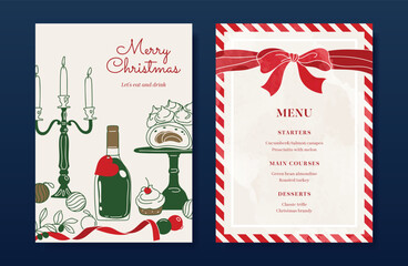 Obraz premium Christmas and New Year dinner invitation and menu template card set. design for drink menu, promotion, beverages, ads.